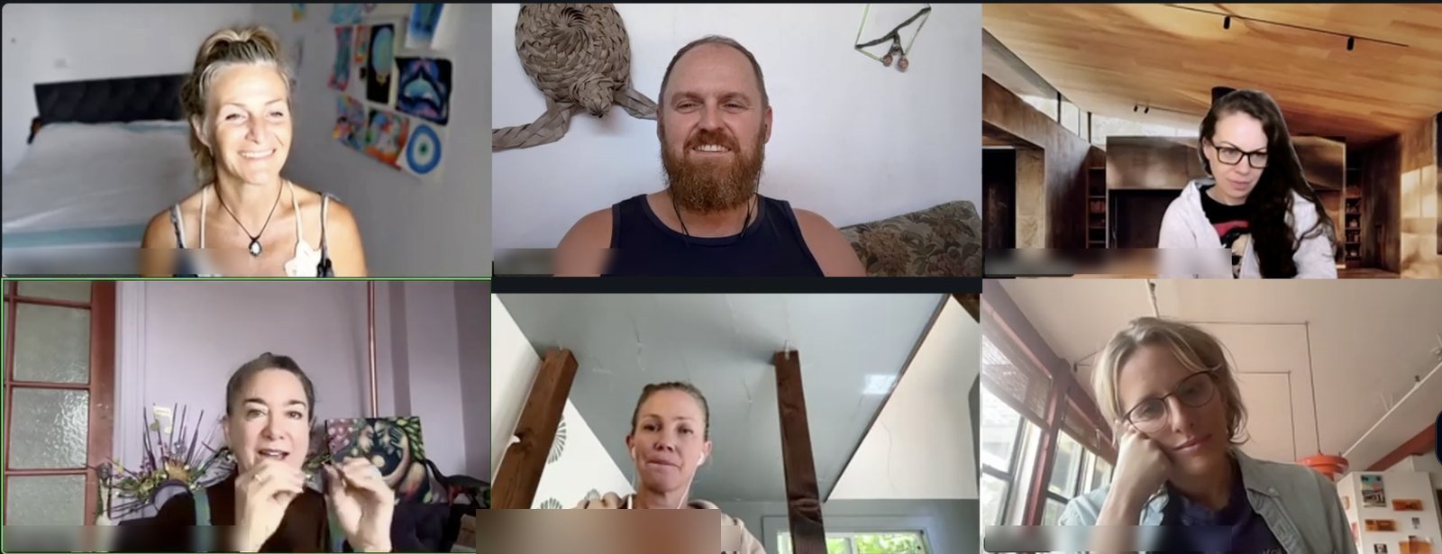 Six smiling faces on a live Soul Calling video call, Eric and Maya Lila among them
